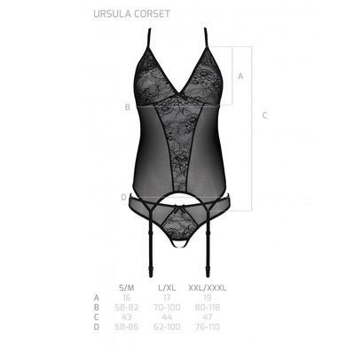Корсет із пажами, трусики з ажурним декором та відкритим кроком Passion URSULA CORSET L/XL, black