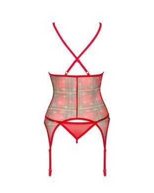 Корсет Obsessive Jollymore corset, M/L, у клітинку, з мереживом, пажі для панчіх, стрінги в комплекті